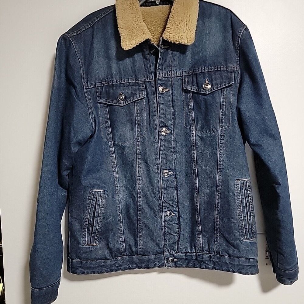 Vtg Zicac Men Denim Trucker Jeans Jacket Sherpa Lined Denim Blue Pockets size L